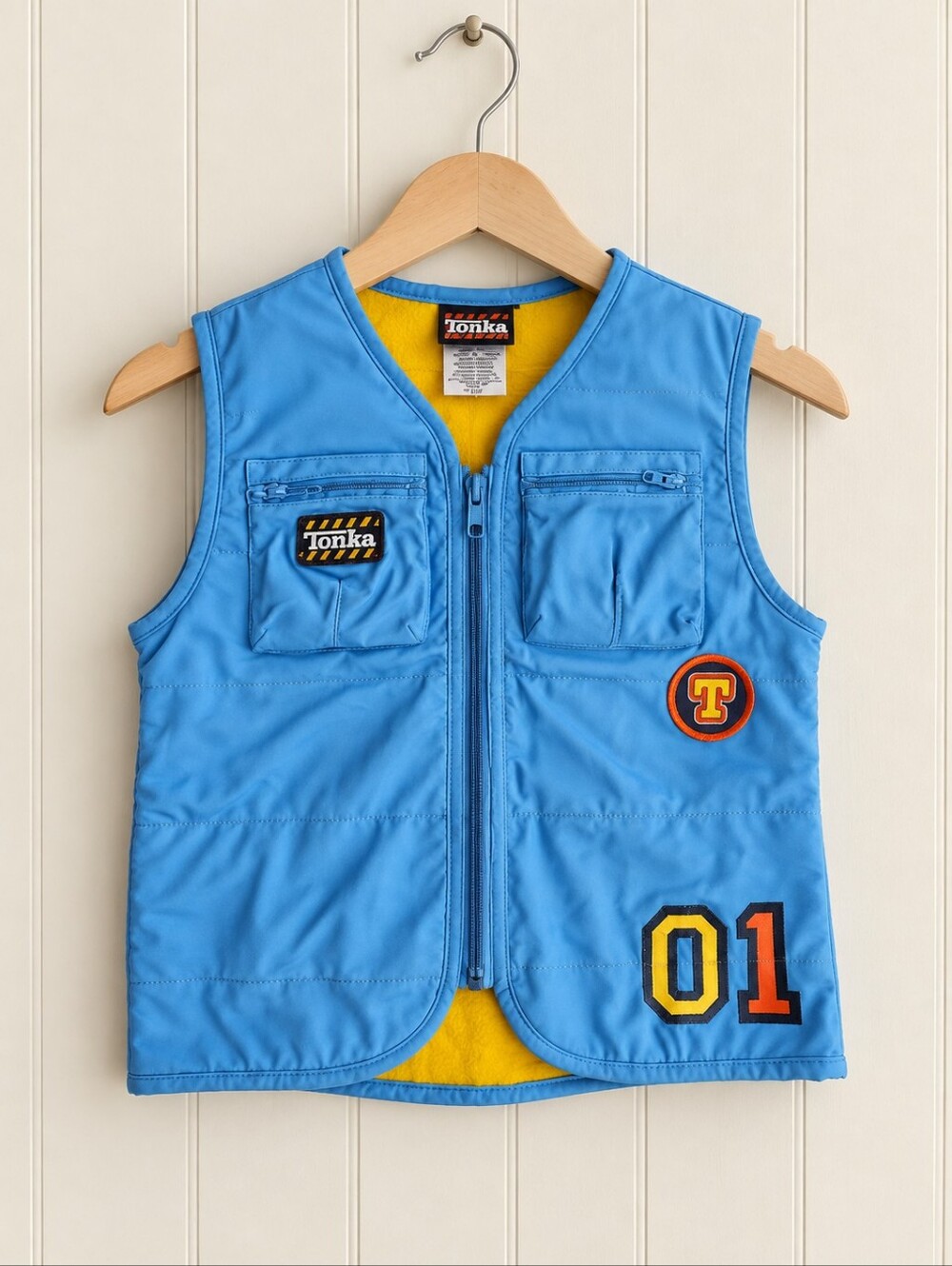 Hasbro Tonka Boys Construction Vest Size 5 Blue Yellow Fleece Lined Zip Pockets